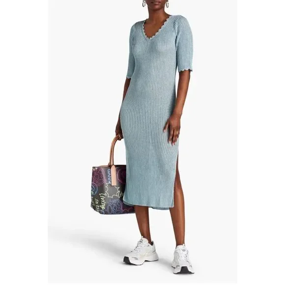 Ganni Metallic Knit Sweater Dress Women's Large Midi V-Neck Heather Green  NWT